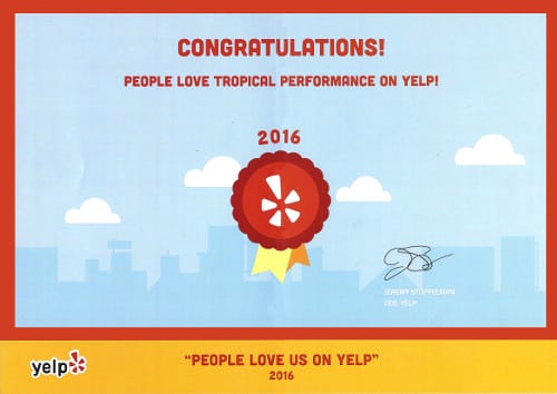 Tropical Performance Yelp certificate